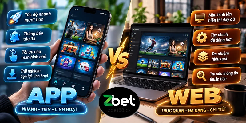 So sánh giao diện app ZBET và bản web trên trình duyệt điện thoại